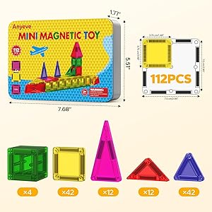 Mini Magnetic Tiles for Kids, 112PCS Magnetic Tiles Travel Set with Iron Box, Portable Construction Toys STEM Educational Building Set for Kids Ages 4-8 Toddlers, Boys & Girls Birthday New Year Gift