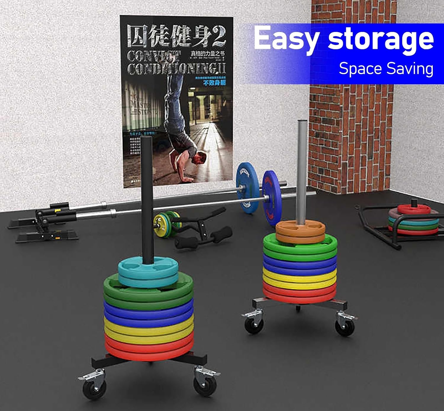 Rolling Olympic Weight Plate Rack, Stackable Vertical Professional Barbell Bumper Plate Rack Holder, Weight Plates Storage for Strength Training/Man Woman Fitness