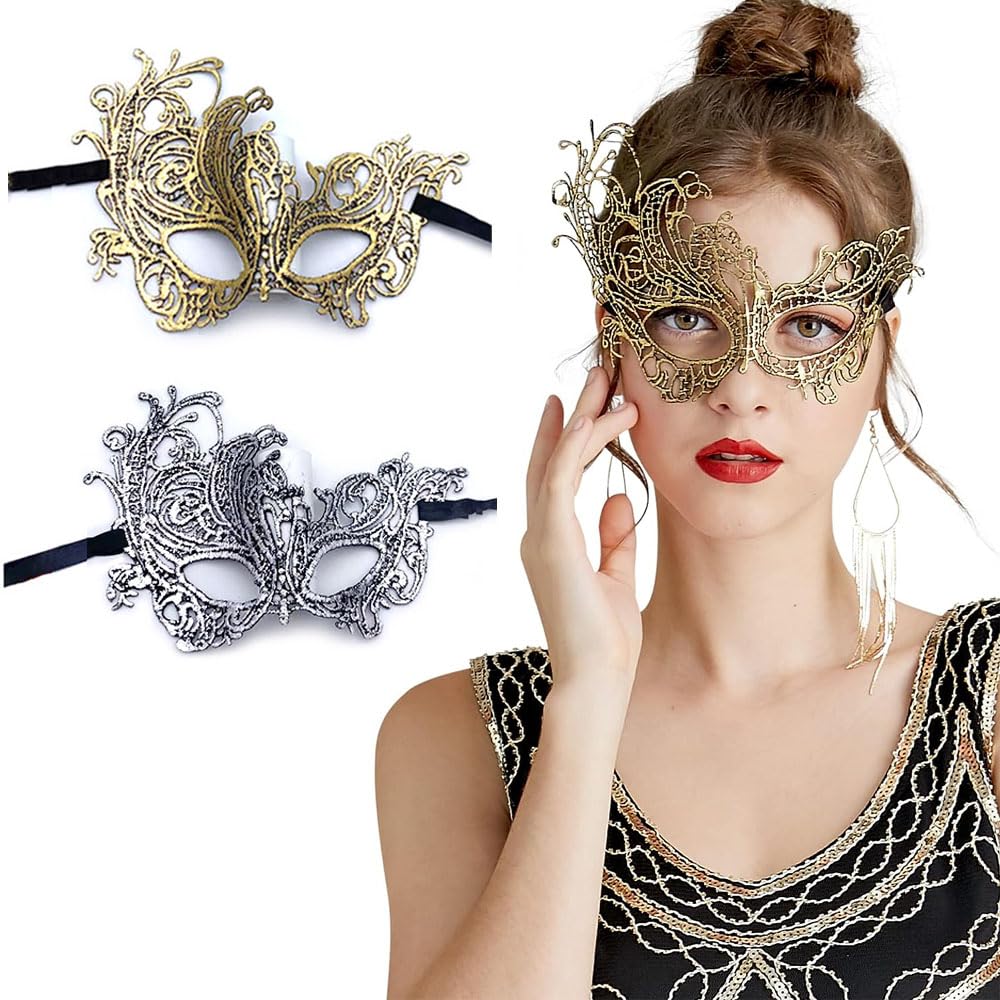 Goodern 2 PCS Masquerade Mask,Halloween Party Couple Costume Mask Prop Fashion Unisex Half Face Hollow Pattern Masks Personalized Lace Decor Mask for Halloween Party Cosplay Mardi Gras Prop-D