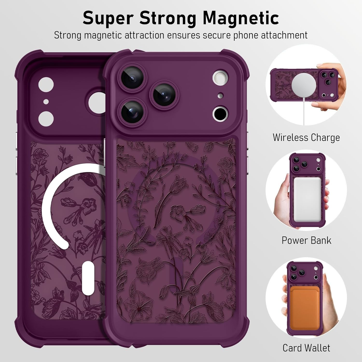 AIGOMARA Magnetic Floral for iPhone 17 Pro Max Case, Fit for Magsafe, Screen Protector, Cute Sage Flower Matte Translucent 4 Airbag Corners Camera Protection Phone Cover for Women Girls, Wine Red