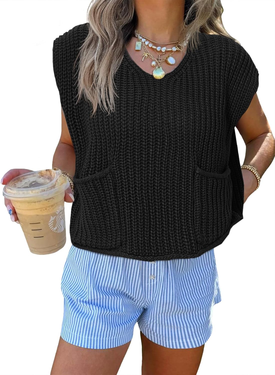 Saodimallsu Womens Summer Cap Sleeve Tops V Neck Chunky Knit Loose Knitted Top Lightweight Cropped Sweater Vest