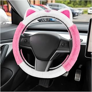 Car Steering Wheel Cover, 15 Inch Fluffy Auto Steering Wheel Protector with Cat Ears, Anti-Slip Lovely Vehicle Wheels Cover Interior Decor for Winter Warm, Car Accessories (Rose Red)