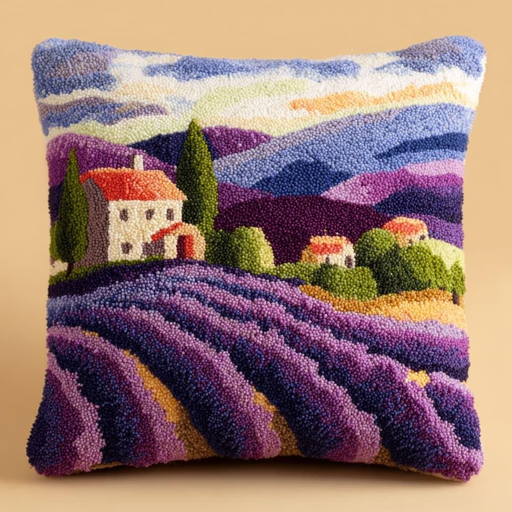 Henypt Latch Hook Cushion Kits for Adults 43x43cm,Lavender Manor Creative Latch Hook Pillow Case Kit for Christmas Home Sofa Decoration