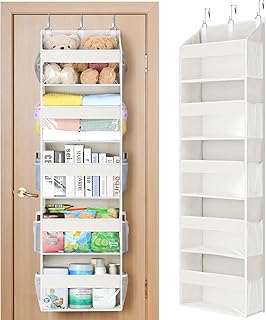 Yecaye 5 Tier Clear Over the Door Organizer Hanging, 5 Large Plastic Pockets and 10 Side Pockets Back of Door Organizer, 56lbs Weight Capacity Behind the Door Storage for Nursery, Ivory White