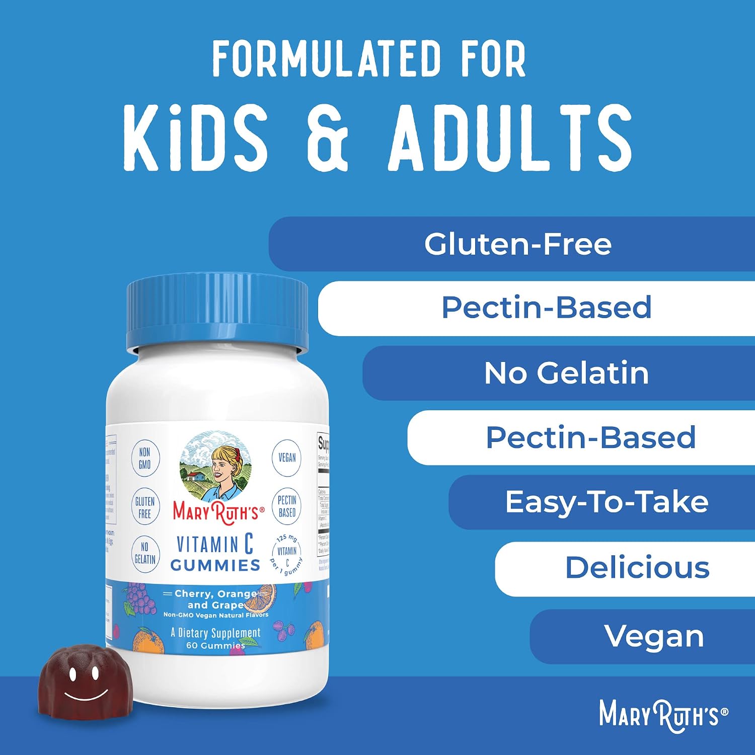 Vegan Vitamin C Gummies by MaryRuth's | 2 Month Supply | Great Tasting Plant-Based Formula Supports Immune Function & Overall Health for Adults & Kids | Non-GMO with 125 mg of Vitamin C Per Gummy
