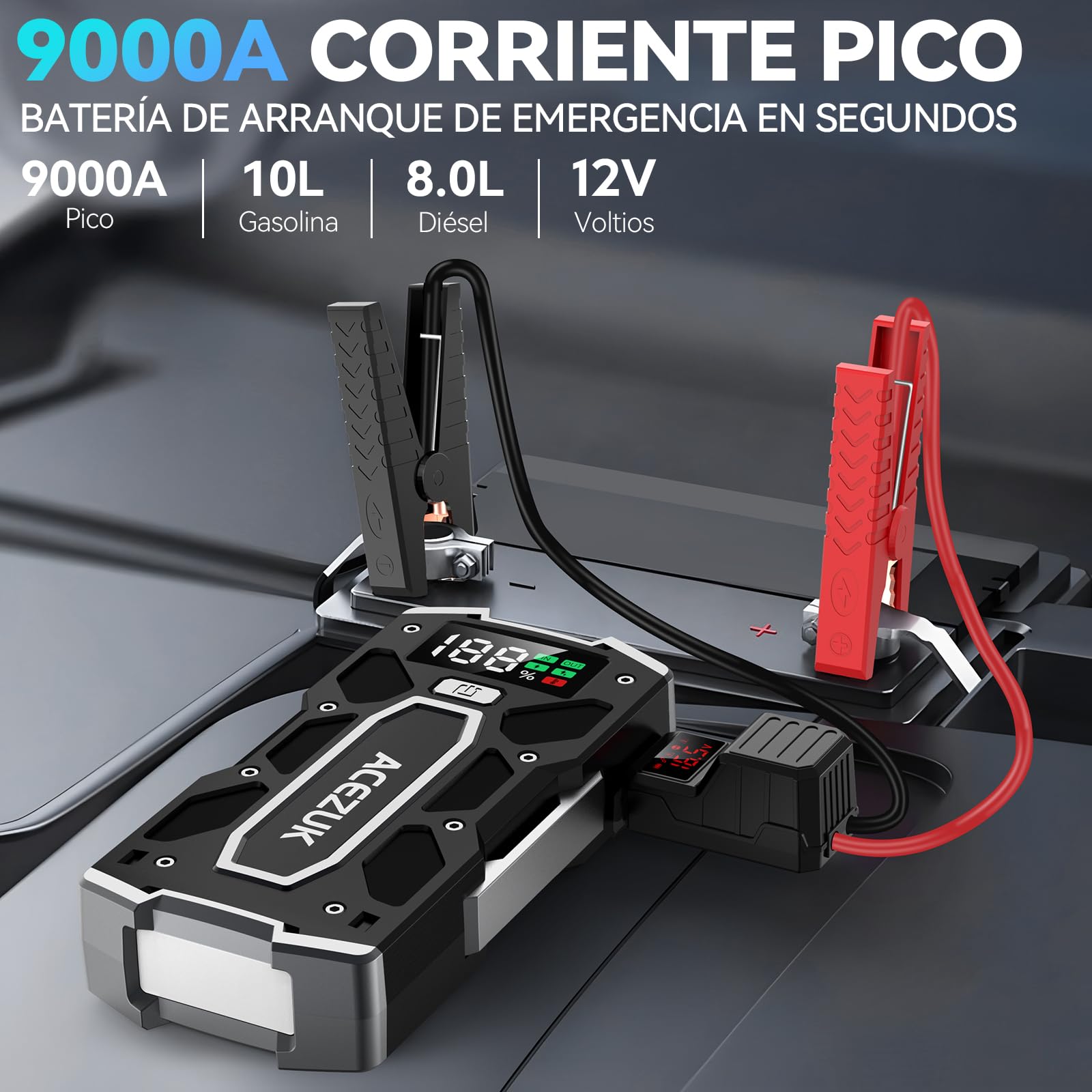 ACEZUK Arrancador de Coches 9000A, Arrancadores de Bateria de Coche Portátil(hasta 8.0L de diésel o 10.0L de Gasolina), 12V Jump Starter, Pinzas Inteligentes con Pantalla, Luz LED, Puerto QC3.0