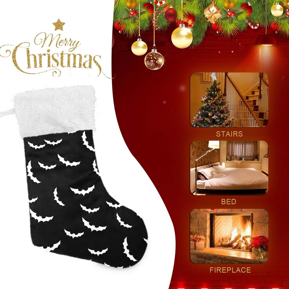 Mint Green Bat Silhouette Christmas Stocking with Plush Cuff
