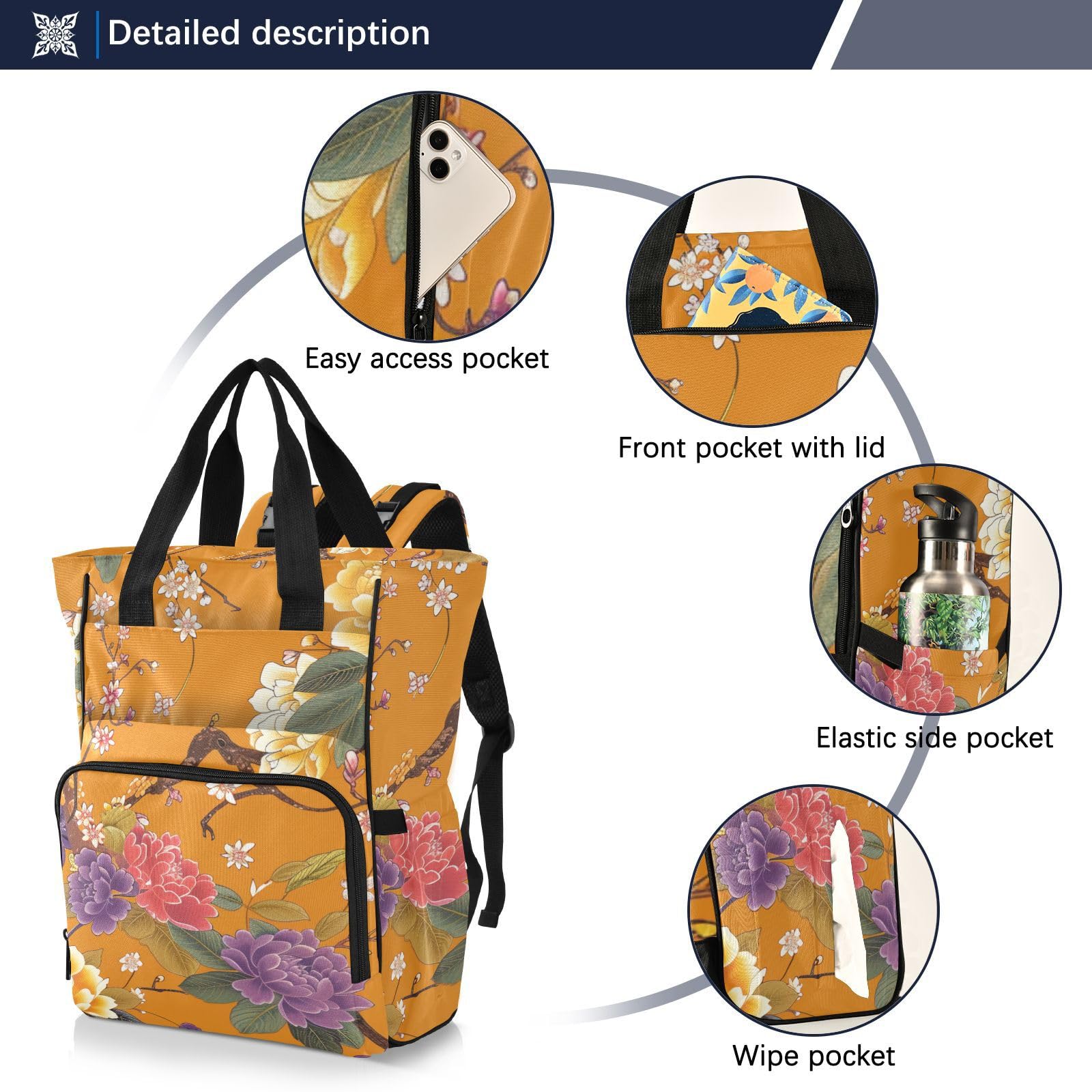Baby Essentials torba na pieluchy pomarańczowe kwiaty i ptaki