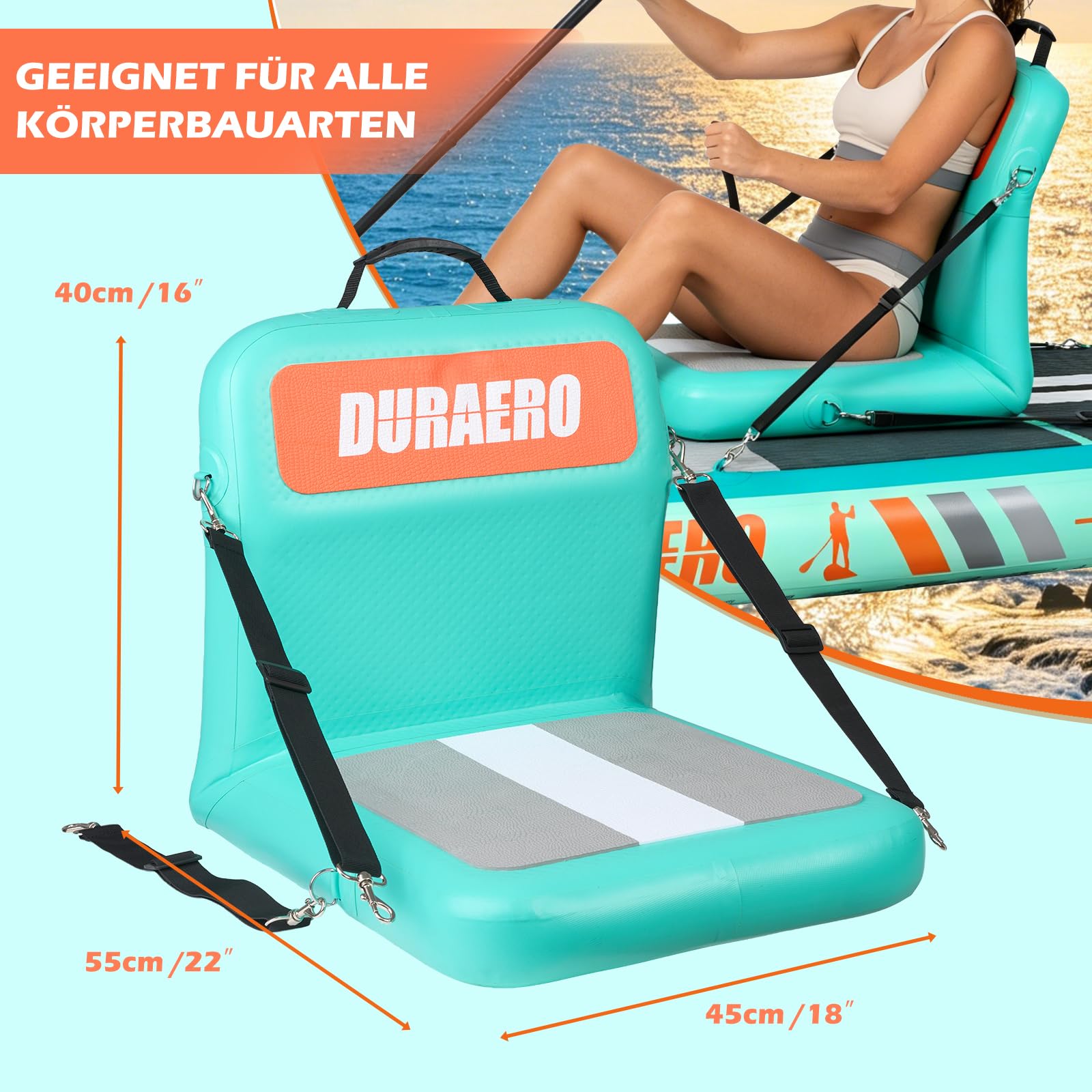 DURAERO Asiento inflable para kayak con respaldo, asiento de SUP y kayak con superficie antideslizante EVA, asiento cómodo para accesorios de tabla de paddle up