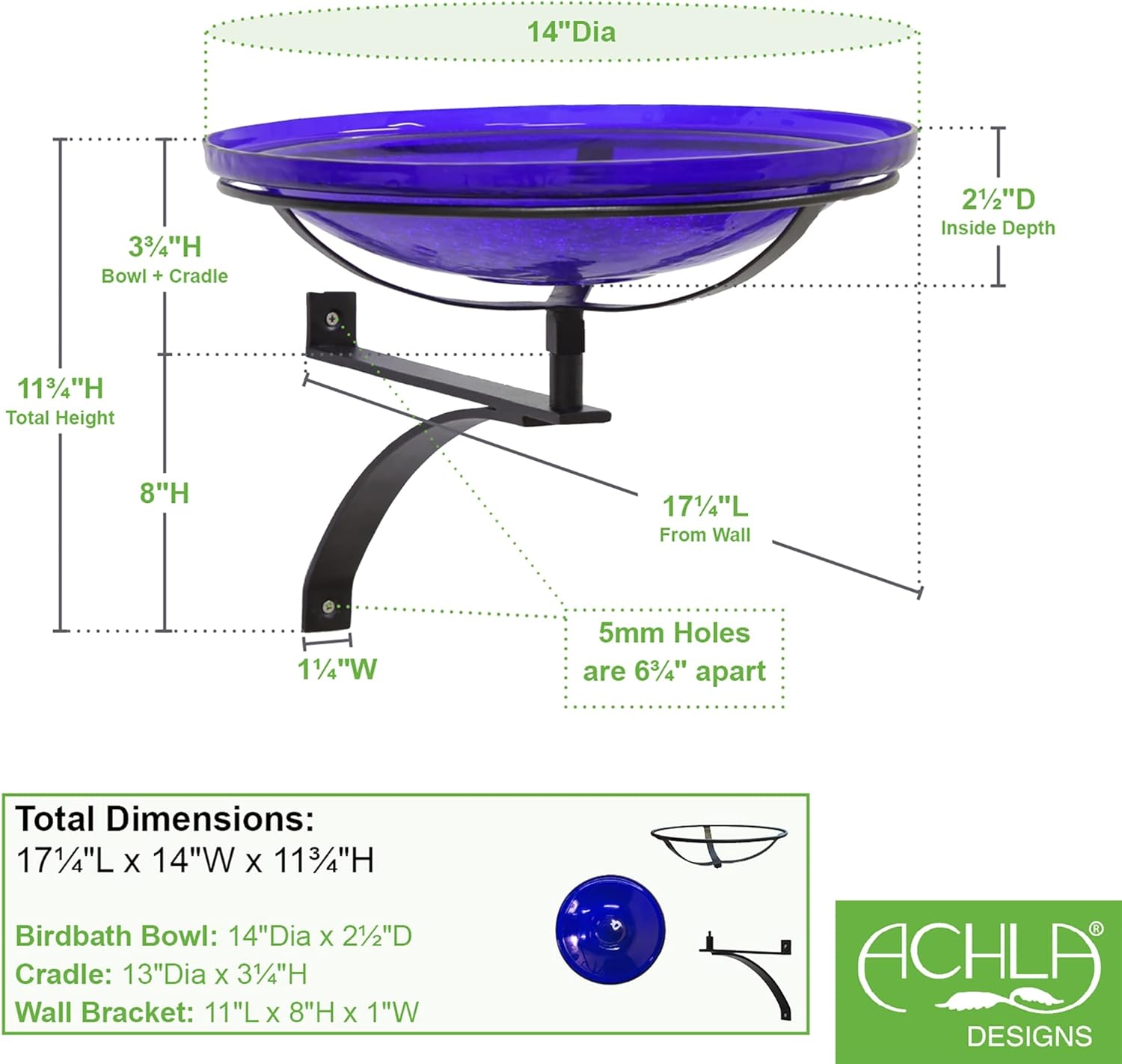 Achla Designs 201-5030 14" Crackle Glass Wall Bracket Birdbath, Cobalt Blue