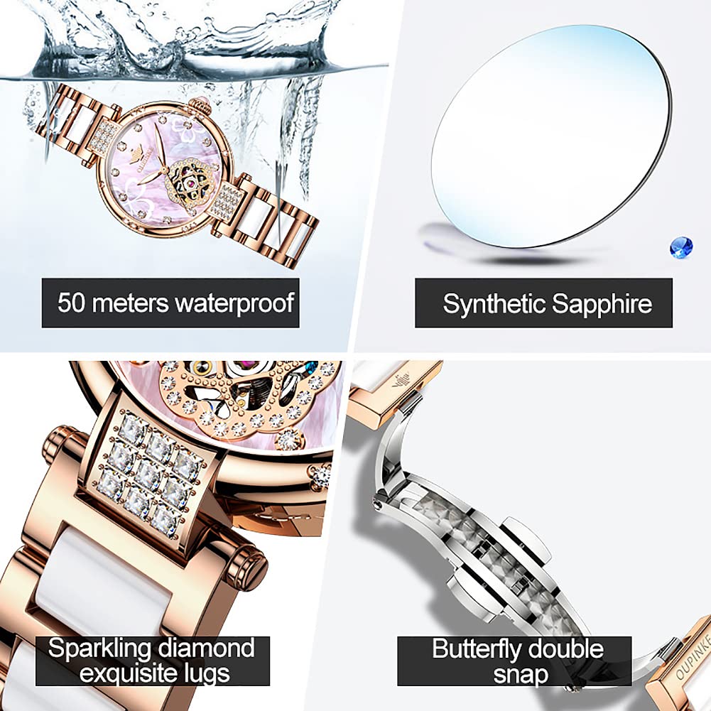 OUPINKE Reloj automático para mujer, con diamantes de cerámica, de oro rosa, elegante, con esqueleto, grabado, mecánico, automático, resistente al agua, luminoso, Banda de oro rosa y esfera rosa