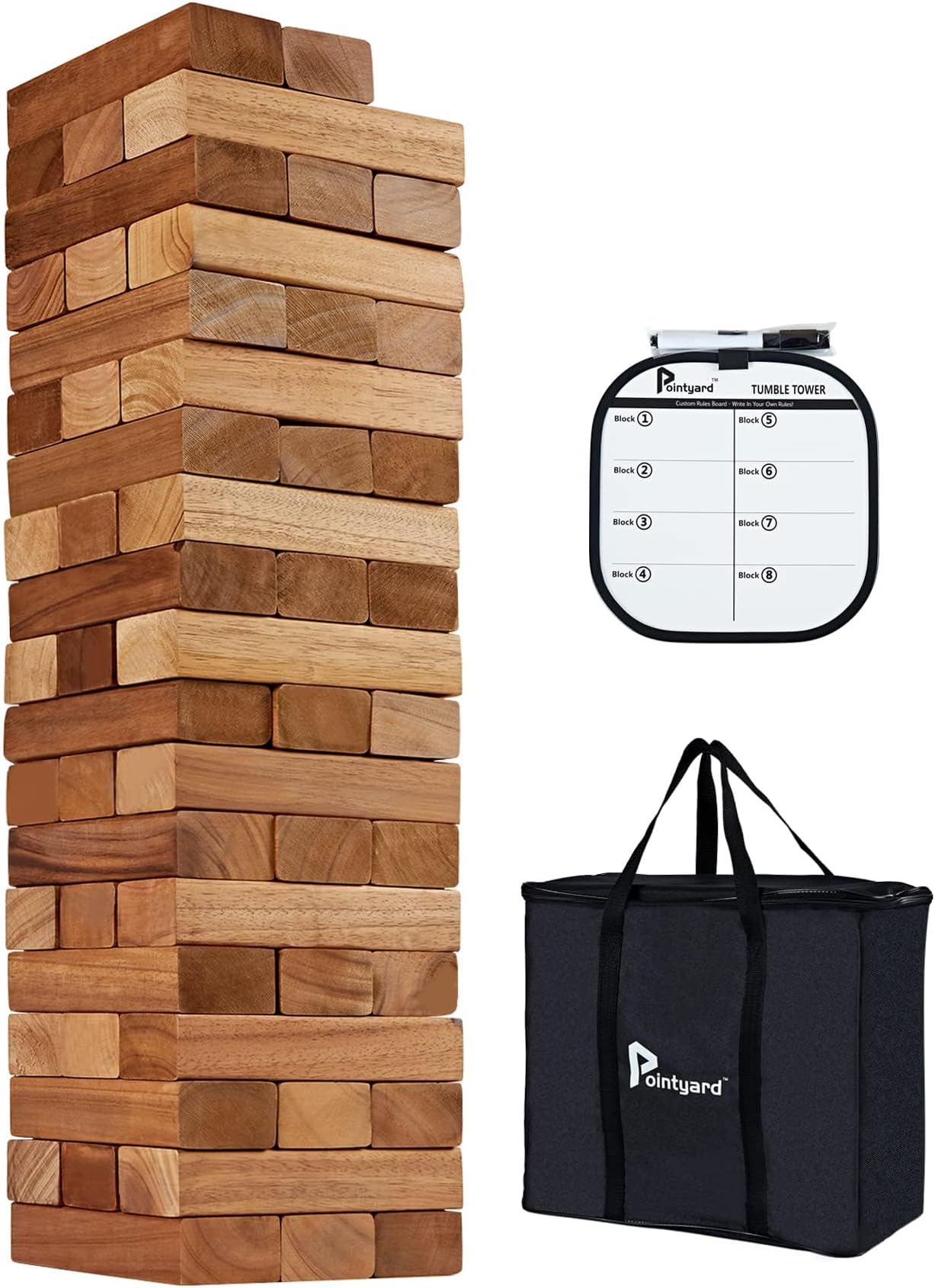 Pointyard Giant Tumble Tower [Stack up to 5FT], Retro Pine Wooden Tumble Timber Indoor Game for Teenagers & Adults - Classic Stacking Block Party Game with 1 Dice | Scoreboard | Carry Bag