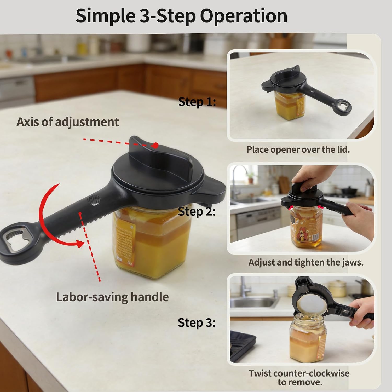 Jar Opener for Weak Hands, Seniors with Arthritis, 4-in-1 Multi-Purpose Lid Opener Includes Magnetic Hook & Rubber Gripper for Jars, Bottles and Beer Caps (Black)