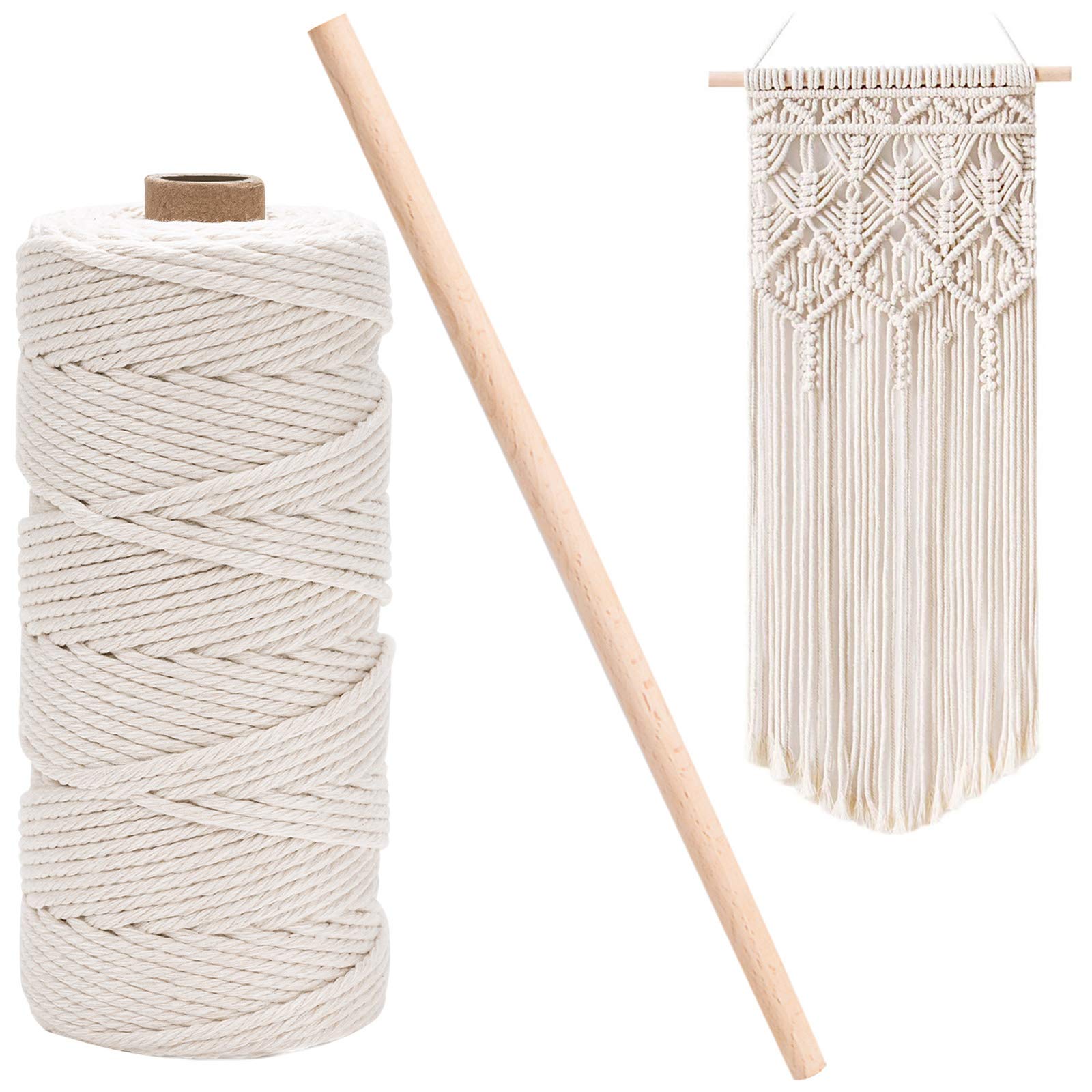 Macrame Cord 3mm x 109 Yards, Natural Macrame Rope Macrame Supplies Cotton Cord Wooden Beads for Wall Hanging, Plant Hangers, Crafts, Knitting, Decorative Projects