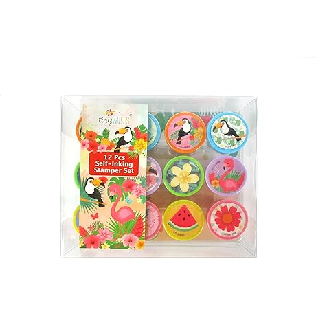 TINYMILLS Party Favors - Tropical 12-Piece Luau Kids Stamp Kit Stamper Set