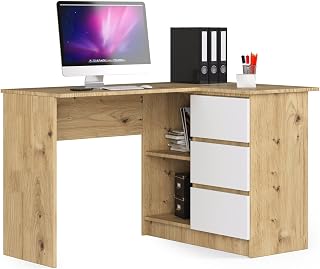 AKORD Corner Desk | Table with Integrated and Modular Storage Unit with 3 Drawers and 2 Shelves | L124 x H77 x D85 | Office Supply | Artisanal Oak & White Front
