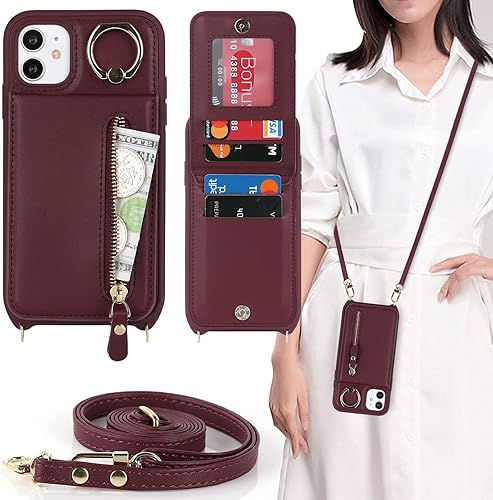 Miniatura 10 de Funda para iPhone 11 con tarjetero para mujer, iPhone 11 con ranuras para tarjetas de crédito, bandolera con soporte de anillo, a prueba de golpes,