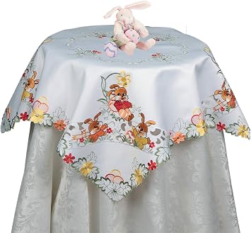 Creative Linens Embroidered Easter Bunny Egg Floral Tablecloth 33" Square White Topper