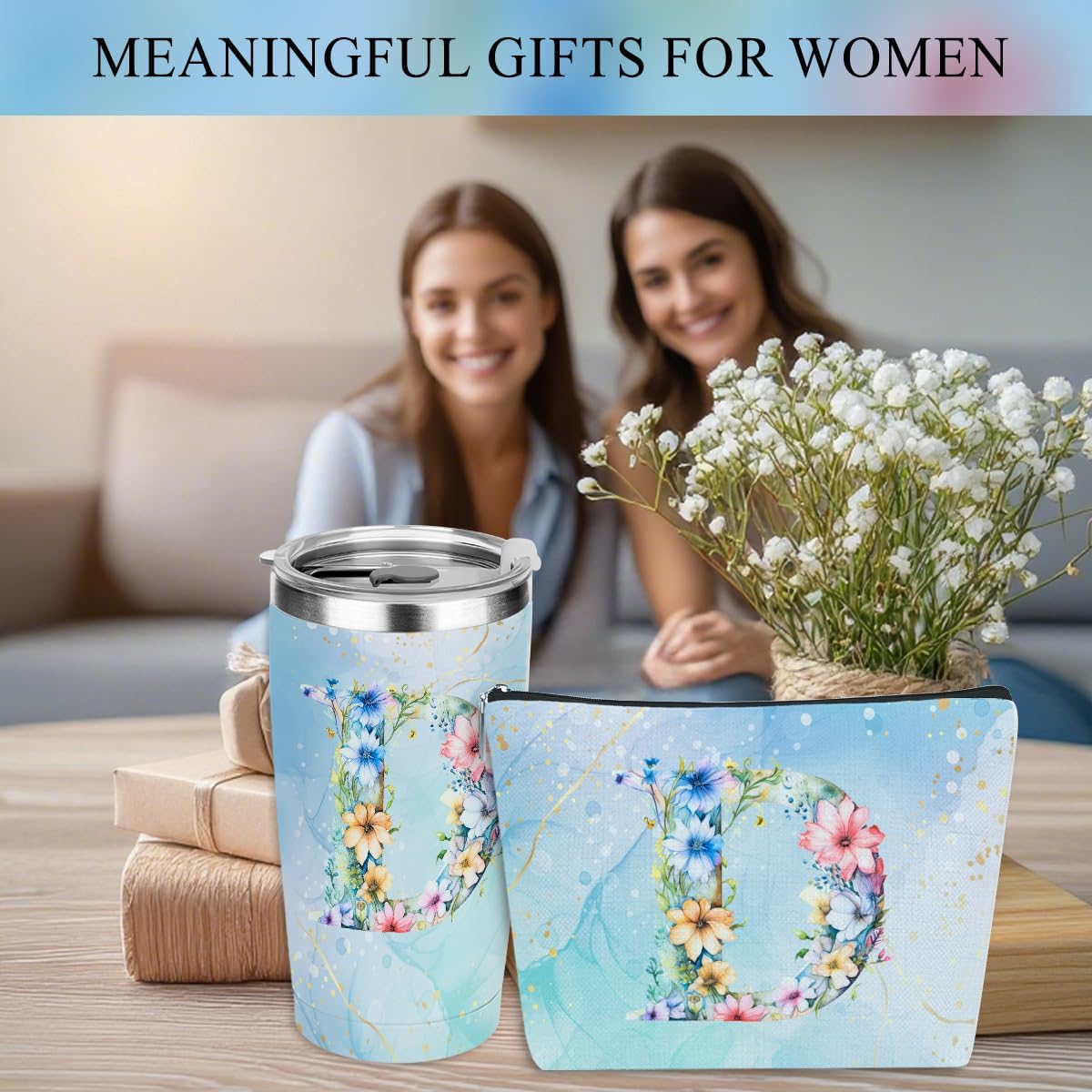 Personalized Gifts Monogrammed Birthday Gifts for Women, Boss Teacher Appreciation Christmas Initial 20 oz Tumbler, Makeup Bag Cup Ballpoint Pens Journal Notebook 6 Set, (Aesthetic Blue Flower D) - Image 6