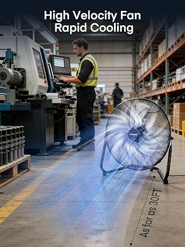Vista 2 de FOHERE Ventilador de piso de alta velocidad de 20 pulgadas, ventiladores de refrigeración de metal resistente con 3 velocidades, cabezal