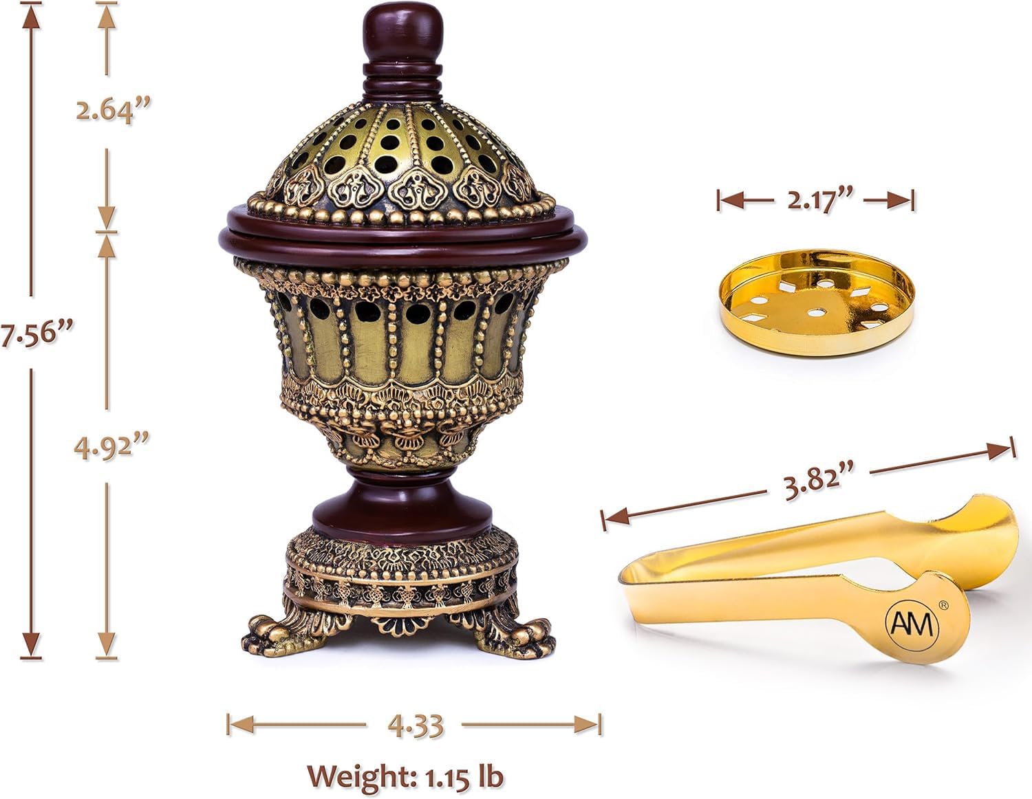 AM Charcoal Incense Cone Burner – Resin & Charcoal Holder | Decorative Mabkhara Style Aroma Diffuser for Home, Office, and Relaxation Spaces (Bronze)