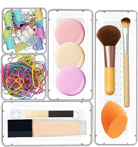 Miniatura 6 de Paquete de 6 organizadores transparentes para cajones, bandejas versátiles para baño y tocador, bandejas de almacenamiento de cajones de acrílico,