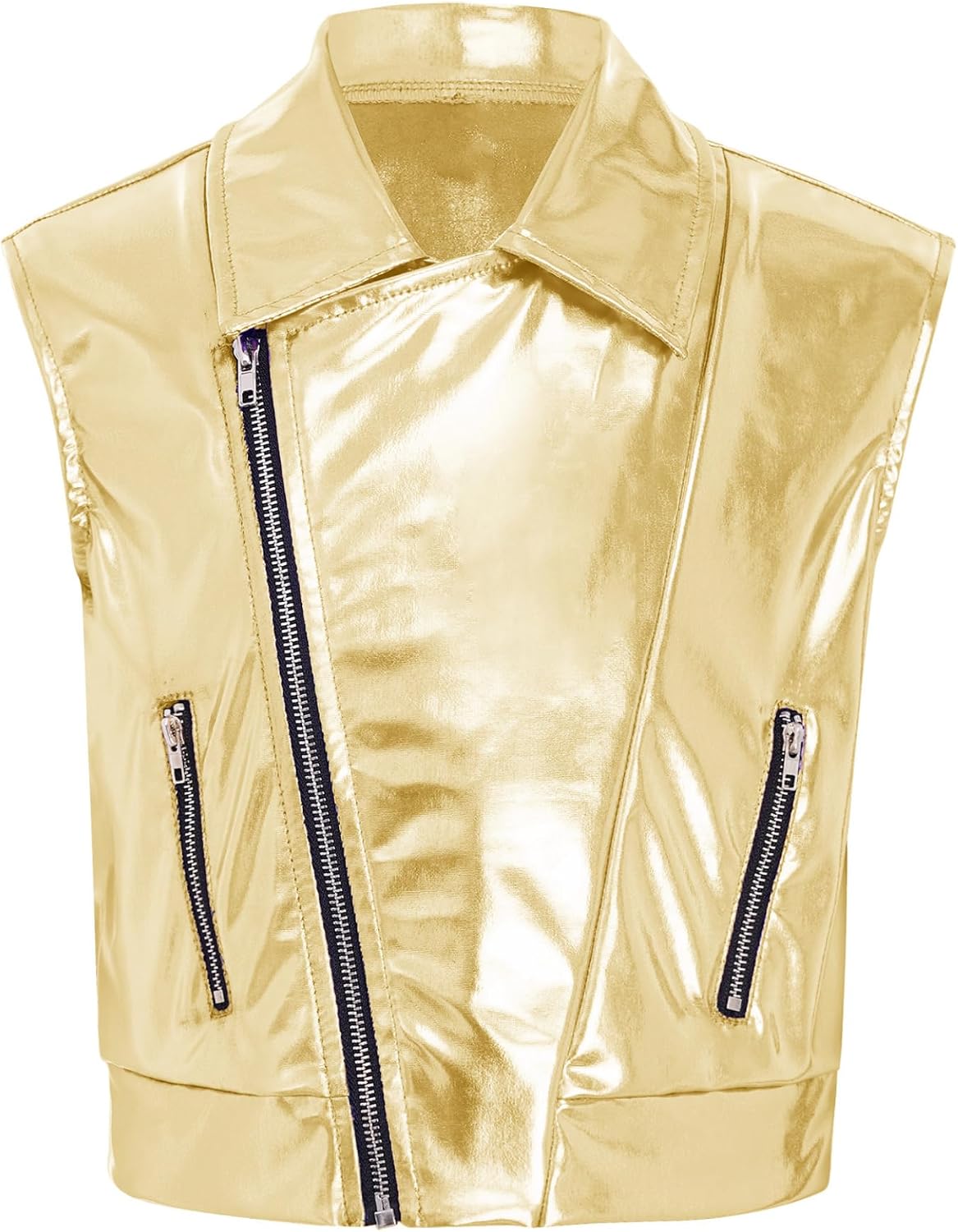 Kids Girls Metallic Sleeveless Jacket Vest Zipper Coat Jazz Dance Top Disco Rave Party Festival Outerwear