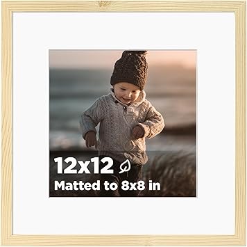 KINLINK 12x12 Picture Frame Wood Grain, Wooden Square Photo Frames Matted 8x8 with Plexiglass for 8x8 with Mat or 12x12 without Mat for Table and Wall Display