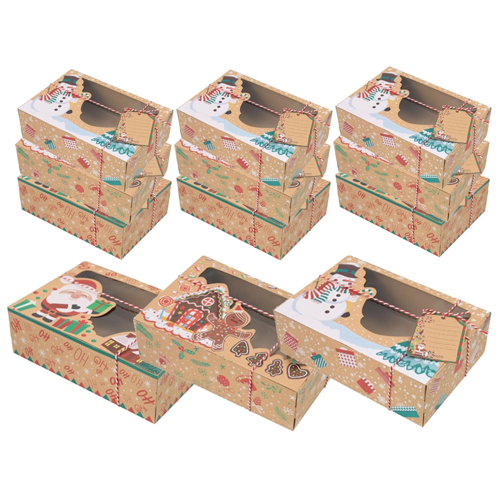 BFYDOAA 12 Set Christmas Cookie Boxes with Ribbons DIY Tags, Kraft Treat Bakery Boxes with Clear Window for Christmas Party Favor Gift Giving