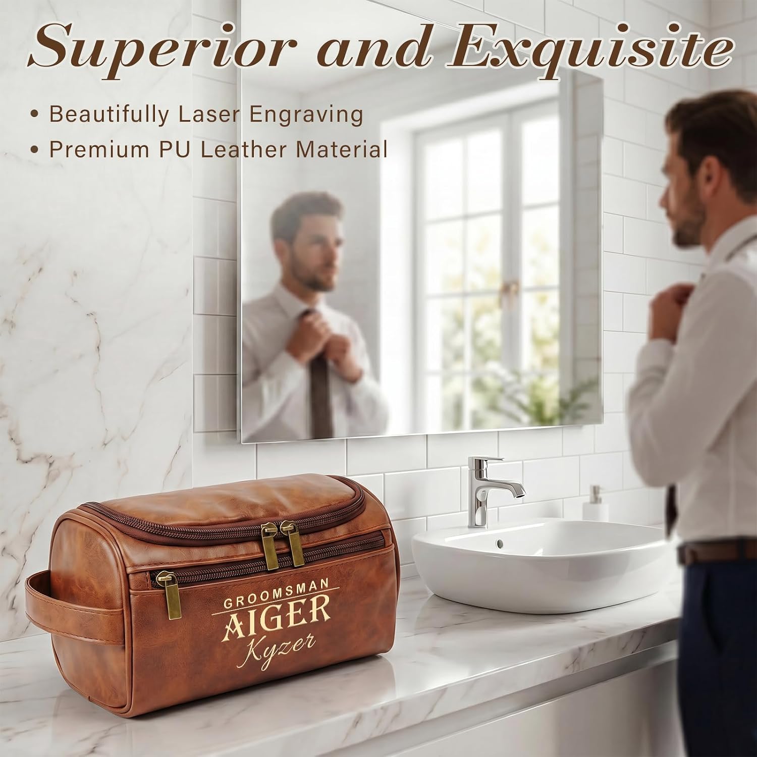Gifts for Men, Personalized Toiletry Bag for Men, Custom Name & Text, Leather Travel Toiletry Kit, Gift for Birthday, Wedding, Anniversary, Husband, Grandpa, Lover