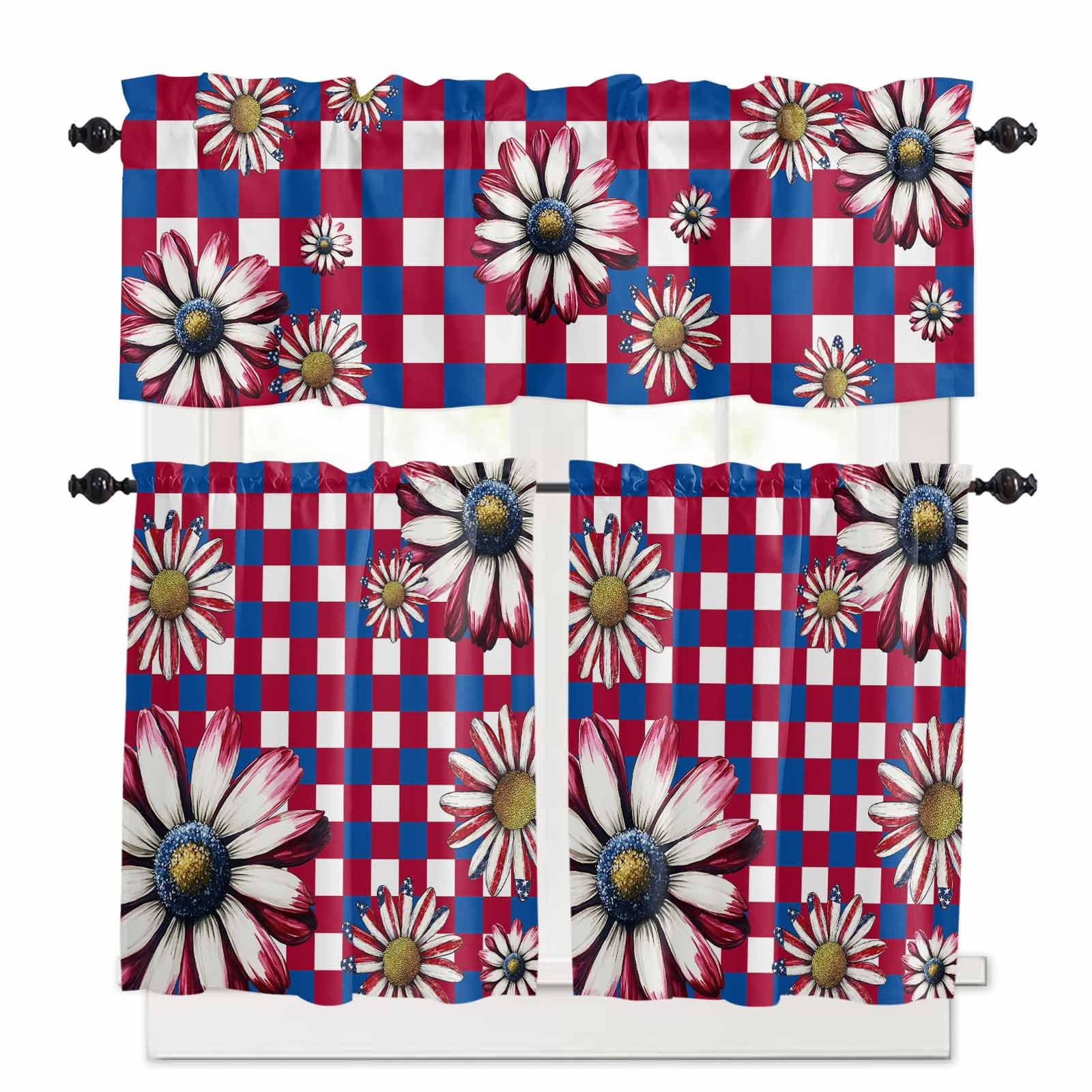 4th of July Kitchen Curtains 36 Inch Length,3 Piece Rod Pocket Small Half Tiers and Valance Set,Red Blue Plaid Spring Floral Independence Day Small Large Window Treatment Decor for Bedroom/Bathroom