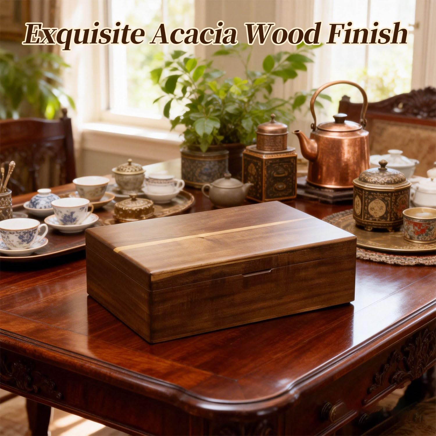 Acacia Wood Tea Bag Organizer with Compartments, Tea packet Storage Boxes & Display Caddy, Multi-Slot Teabag Holder Container Chest for Countertop, Organizador de Té