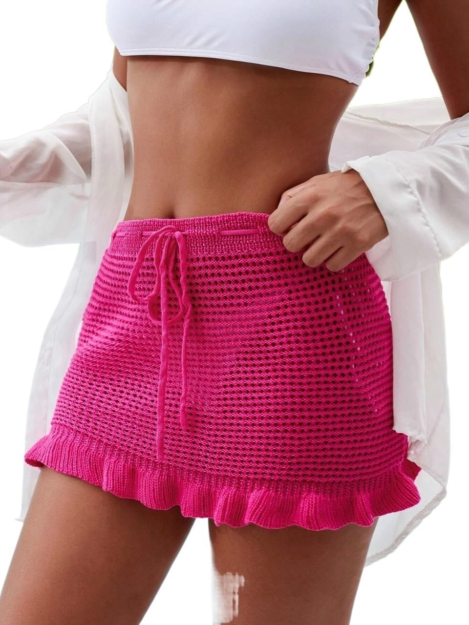 Women Drawstring Frill Hem Cover Up Skirt, For Spring And Summer Beach Outfits cover ups for swimwear