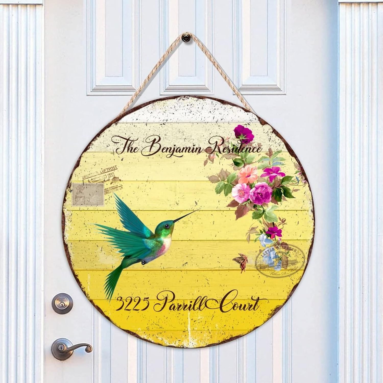 Custom Name Home Address Hummingbird Wood Door Sign, Front Door Sign, 18" x18" Custom Family Name Wall Hanging Sign Plaque, Funny Decor for Outdoor Front Porch Farmhouse Housewarming Gifts