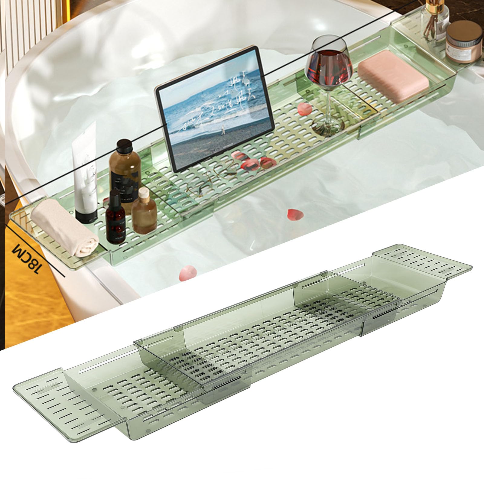 Plateau de Baignoire Réglable pour Baignoire avec Plusieurs Trous de Drainage, Extensible de 56,5 Cm à 80 Cm, Matériau PET de qualité Supérieure, adapté à Différents Types de