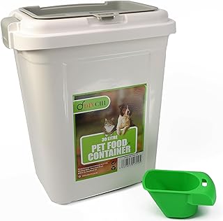 40L Pet Food Storage Container Flip Top Locking System With Integrated Scoop Plastic Birds Airtight Pet Dog Cat Animal Dry Food 15 KG Dispenser Bin (White)