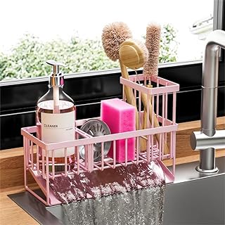 Cisily Pink Kitchen Sink Caddy Organzier with High Brush Holder, Sponge ...