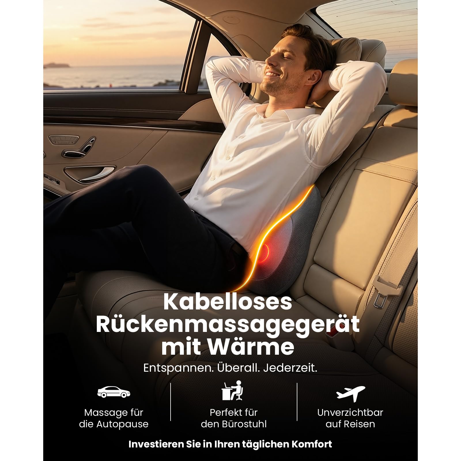 BOB AND BRAD Kabelloses Rückenmassagegerät mit Wärme zur Schmerzlinderung, EZBack Go 4D Shiatsu Nackenmassagegerät, Massagekissen für Nacken Rücken Schultern Lendenbereich, Büro Auto Zuhause