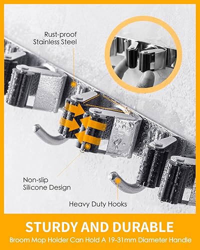 Miniatura 6 de Kosair Soporte de pared para escoba, 2 soportes para escoba, autoadhesivo, resistente, acero inoxidable, para lavandería, garaje, armario