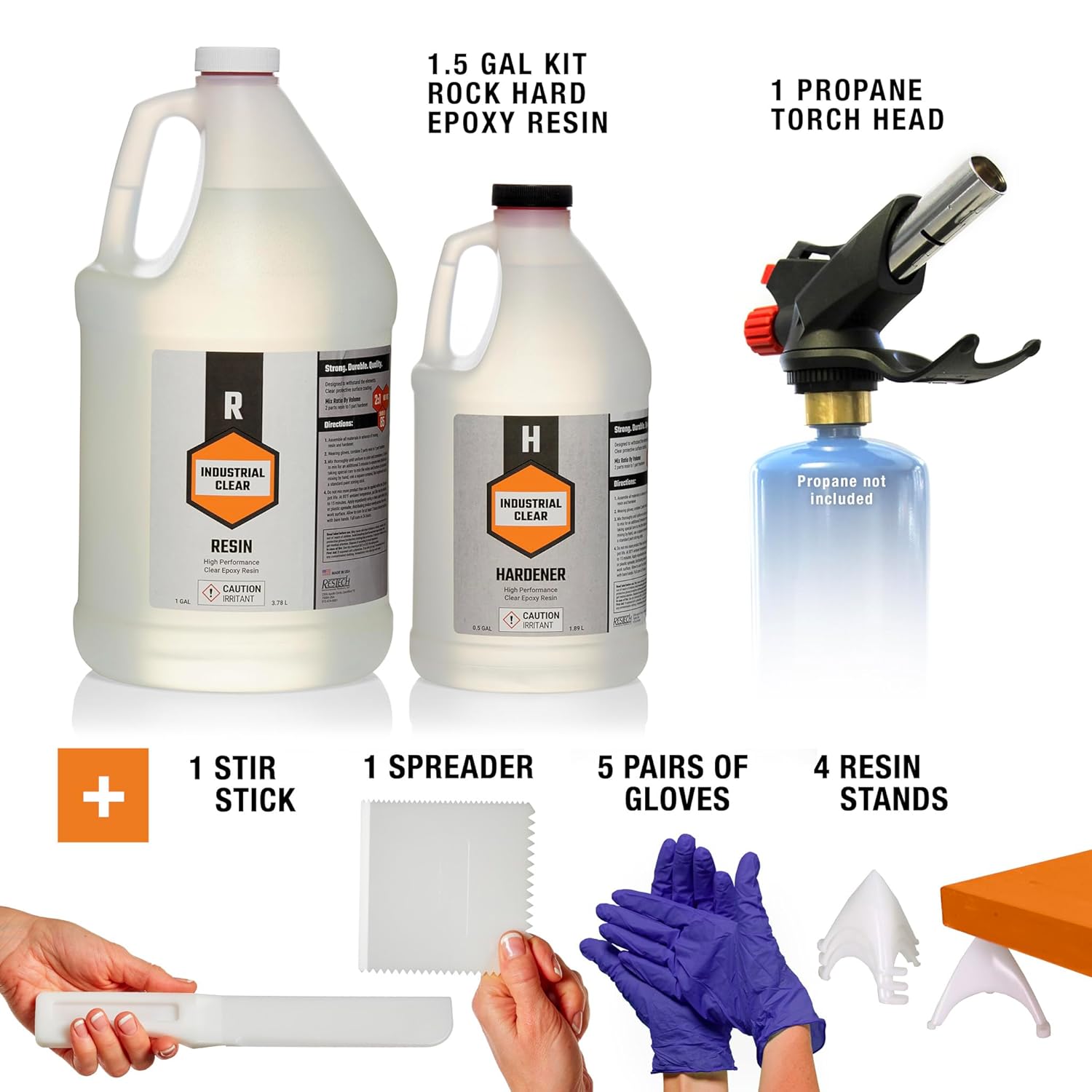 Industrial Clear 1.5 Gal Epoxy XL Pack with Propane Torch Head, Spreader, Mixing Stick, Gloves and Resin Stands