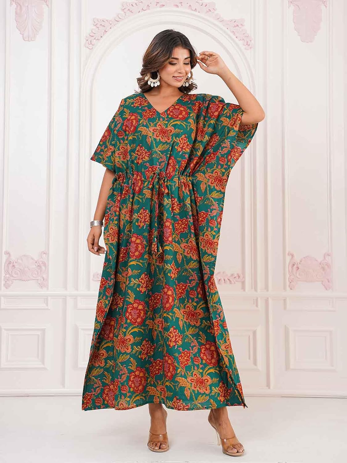 Women’s Floral Printed Kaftan Maxi Dress | Cotton Bohemian Long Kaftan with Drawstring Waist | Comfortable Summer Lounge Wear.(Green)