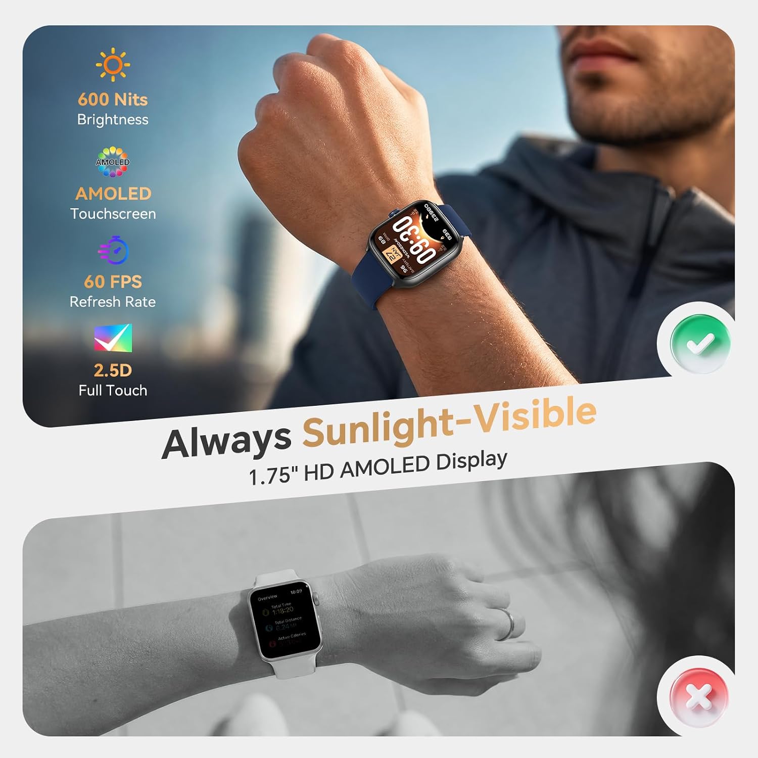 Woneligo Smart Watch for Men Android & iPhone [43mm 3 Bands], 1.75‘’ AMOLED Display Fitness Watch with Answer/Make Calls, 110+ Sport Modes, Heart Rate/Sleep/SpO2 Monitor, 3ATM Waterproof (Deep Blue)