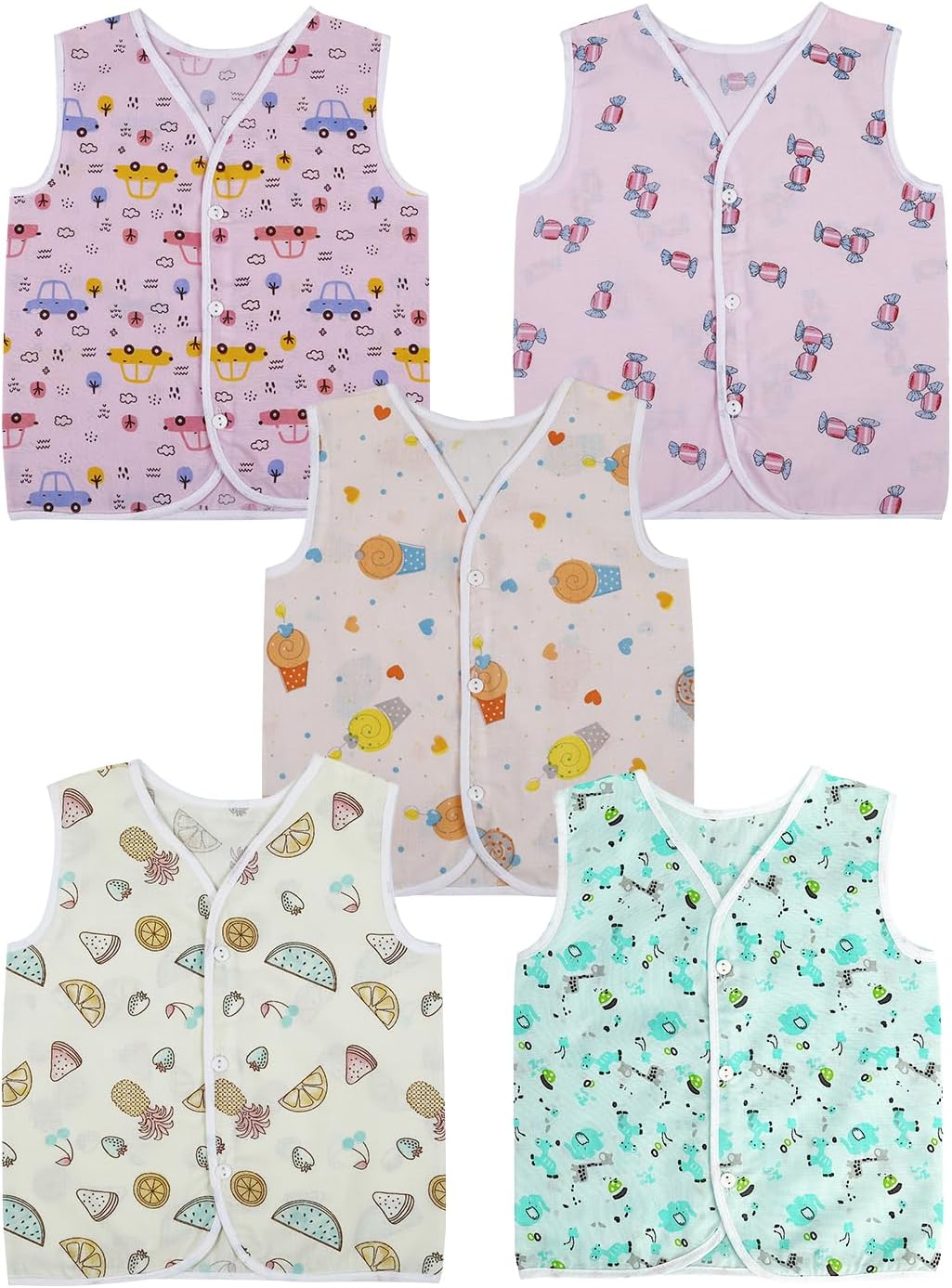 BabyMoo Sugar Rush Multi Print Front Button Cotton Jhablas - 100% Cotton, Pack of 5, Pink and Multicolour, Size Newborn, for Baby Boy and Baby Girl, Sleeveless Vest for Age 0-3 Months