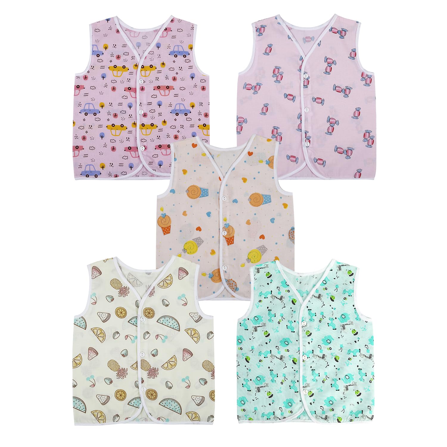 BabyMoo Sugar Rush Multi Print Front Button Cotton Jhablas - 100% Cotton, Pack of 5, Pink and Multicolour, Size Newborn, for Baby Boy and Baby Girl, Sleeveless Vest for Age 0-3 Months