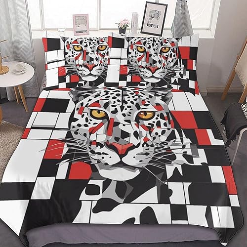 Queen Size Quilt Bedspread Black and White Spotted Ferocious Cheetah Coverlet Bedding Set Animal Geometry for All Season 3 Pieces -1 Duvet Cover & 2