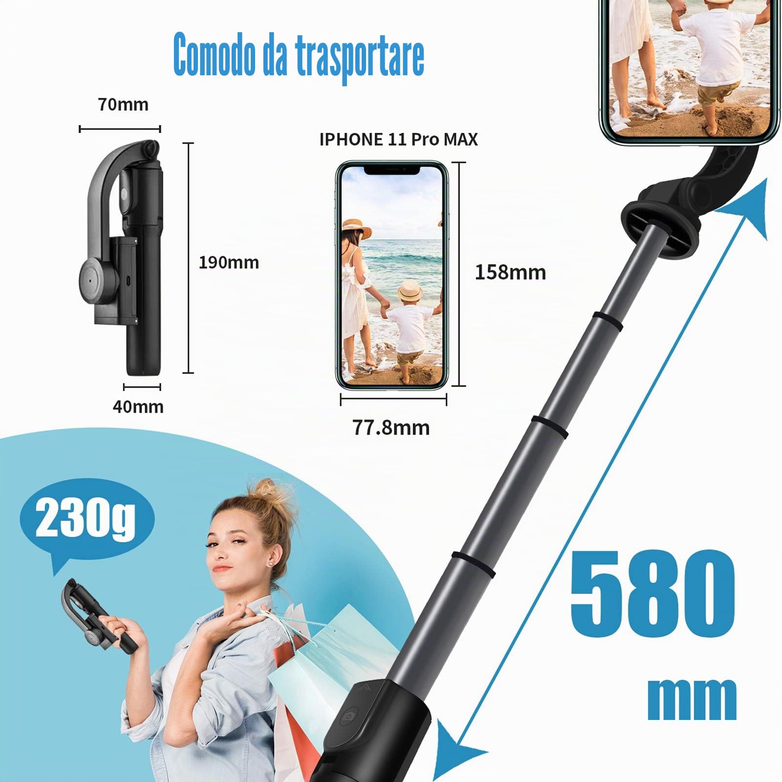 Gimbal Stabilizzatore per Smartphone a 1 Asse Telefono Portatile con Telecomando Bluetooth 3-in-1 per Vlogging, Youtube, Video in Diretta, TikTok, Compatibile con iPhone/Android (HH5)