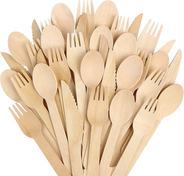 VEYLIN Wooden Cutlery Set,60PCS Disposable Wooden Forks Cutlery Set Forks, Spoons, Knife for Picnic, Party