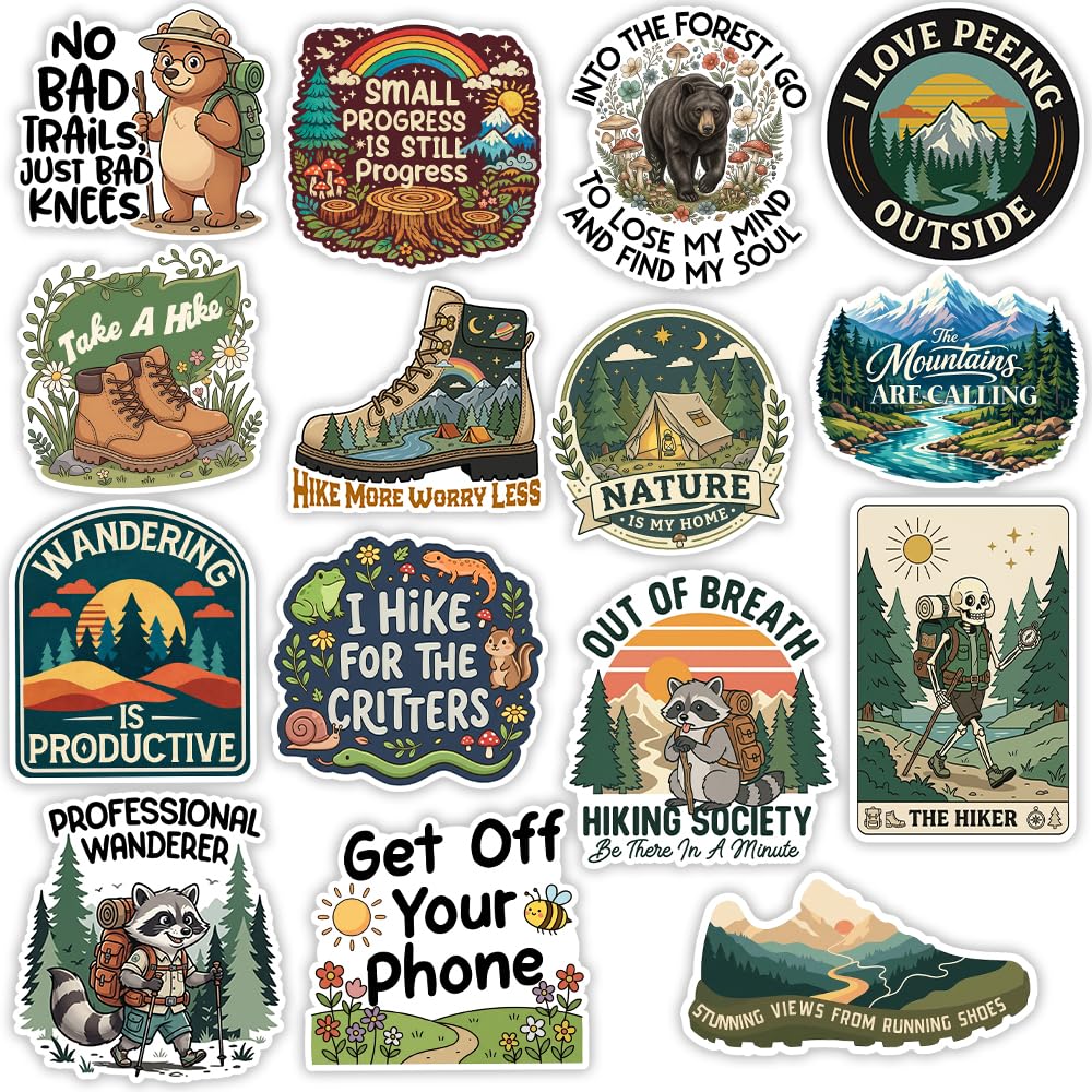 MAIANEY (15Pcs, 3in) Funny Hiking Stickers Pack with Mountain Nature Animals, Outdoor Adventure Quote Vinyl Decals for Water Bottle Laptop Camping Gear, Bear Raccoon Trail Hiker Stickers