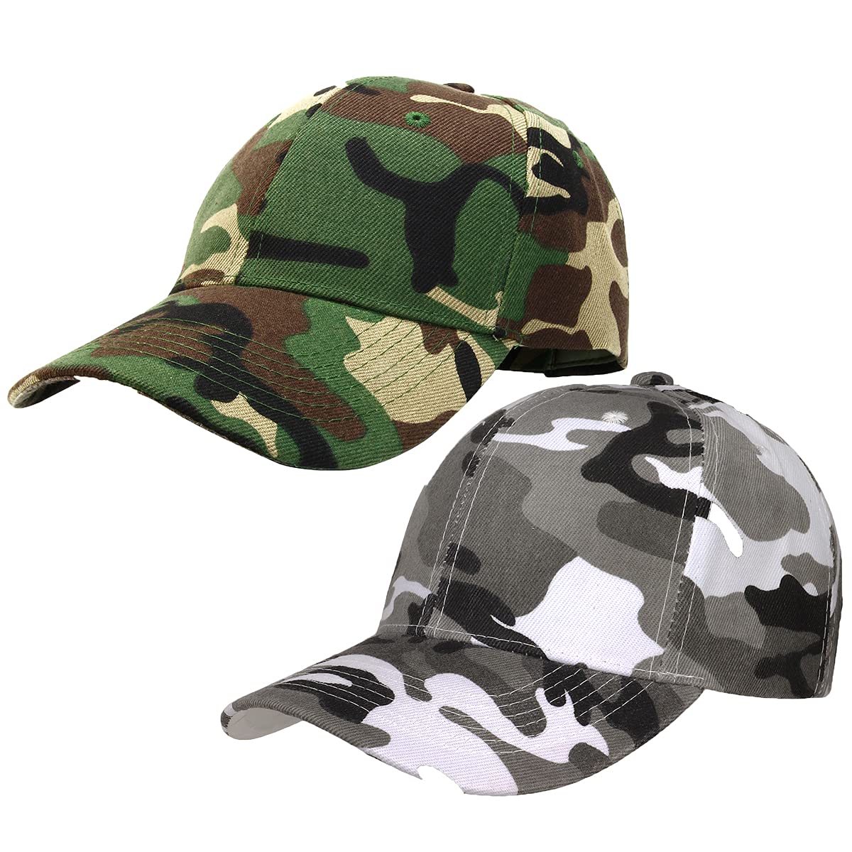 Baseball Dad Cap Adjustable Size for Running Workouts and Outdoor Activities, 2pcs Woodland & Grey Camo, One size