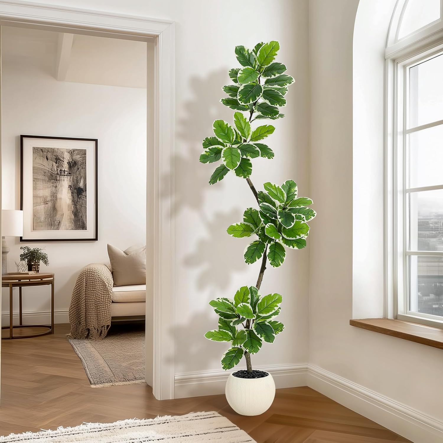 GarveeHome Fiddle Leaf Fig Tree Artificial Indoor, 6 ft Tall Faux Rubber Tree with Sphere Planter, Tall Artificial Plants with Moss for Home Decor Office Living Room - Image 9
